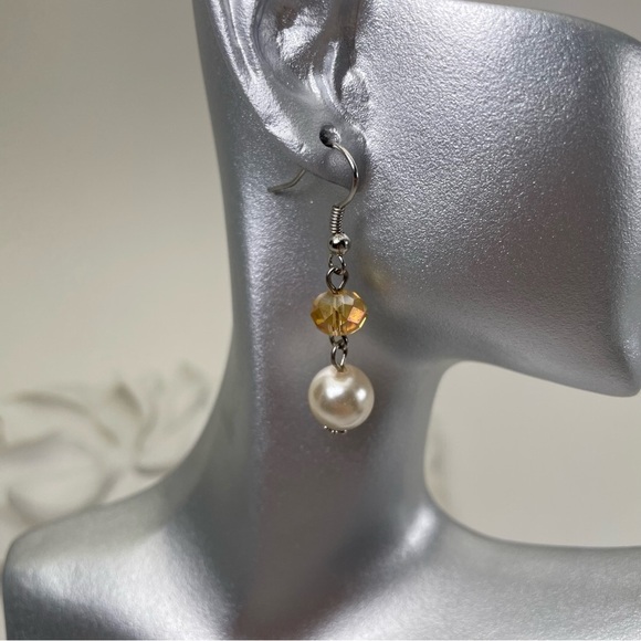 White Pearl and AB Crystal Drop Earrings - Picture 5 of 8